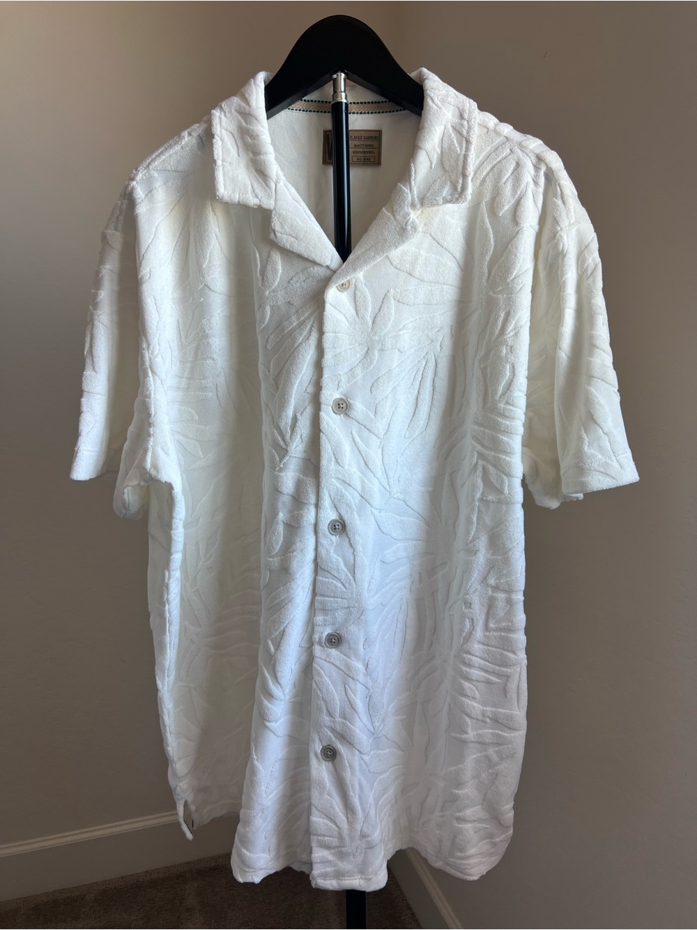 Men’s Ivory Hawaiian Textured Leaf-Pattern Button-Down Shirt Size XL